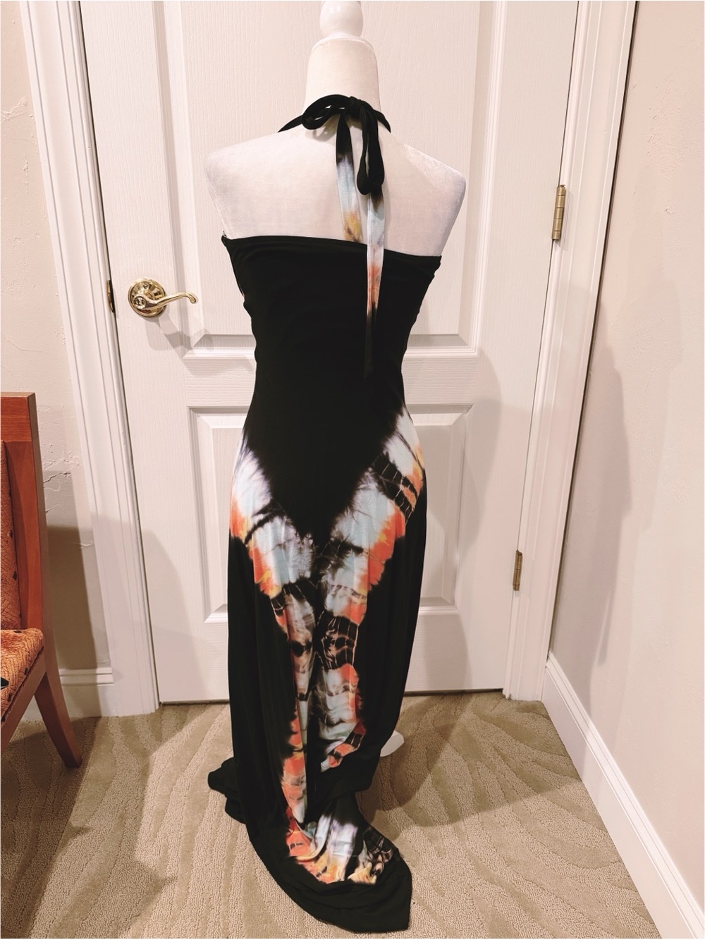 NWT Sky Navy Halter Maxi Dress with Tie-Dye Accents and Suede Cut Outs - Picture 3 of 4